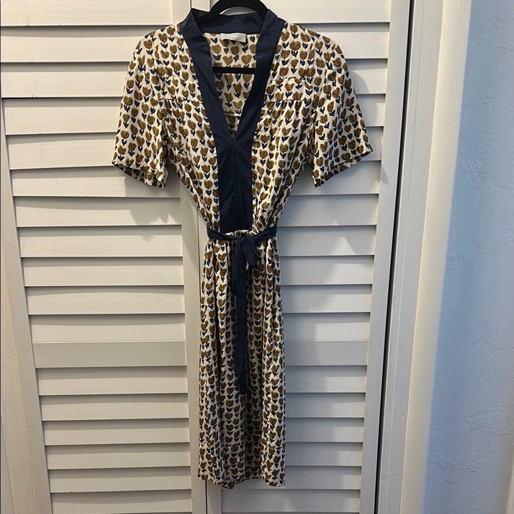 NICOLE FARHI Navy and Cream Leaf Print Knee Length Dress